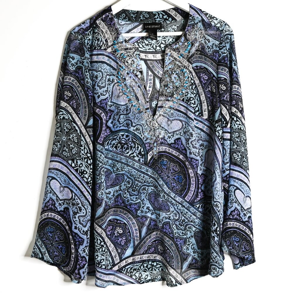 LANE BRYANT Blue and Purple Flowy Blouse with Beading Embellishments - Size 12 - Picture 2 of 10